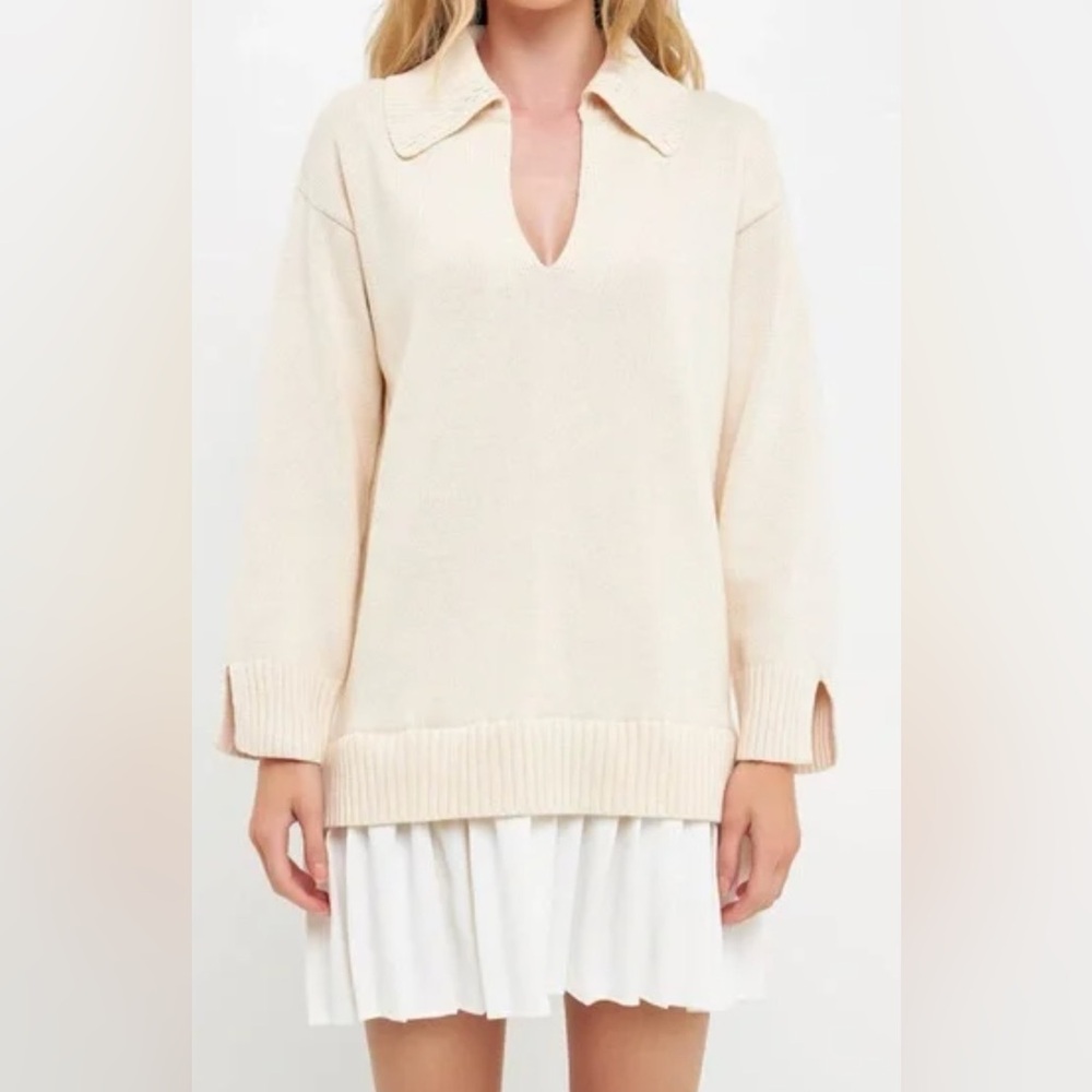 English Factory Long-Sleeve Polo Pleated Twofer Mini Dress NWT